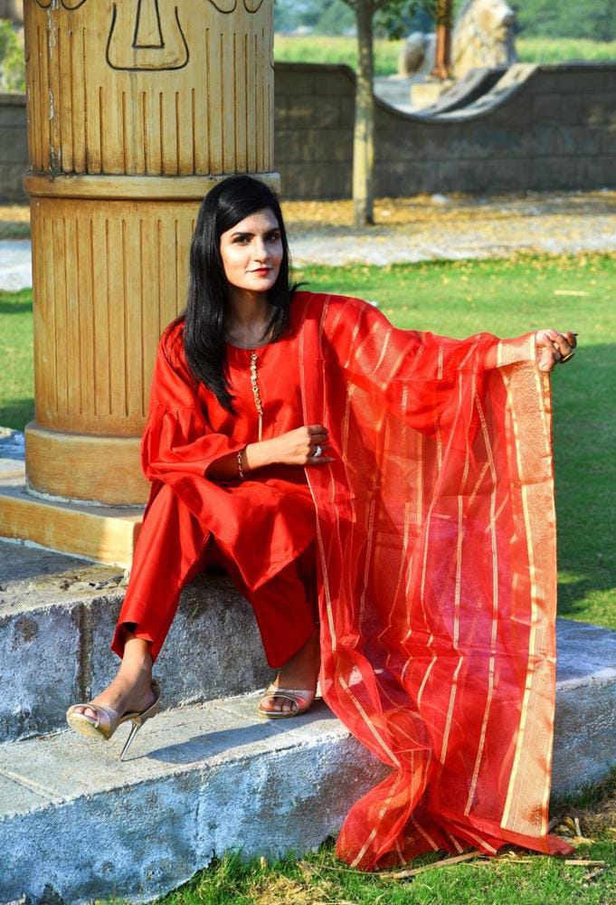 3 Pcs Women's Unstitched Katan Silk Plain Suit (Red)