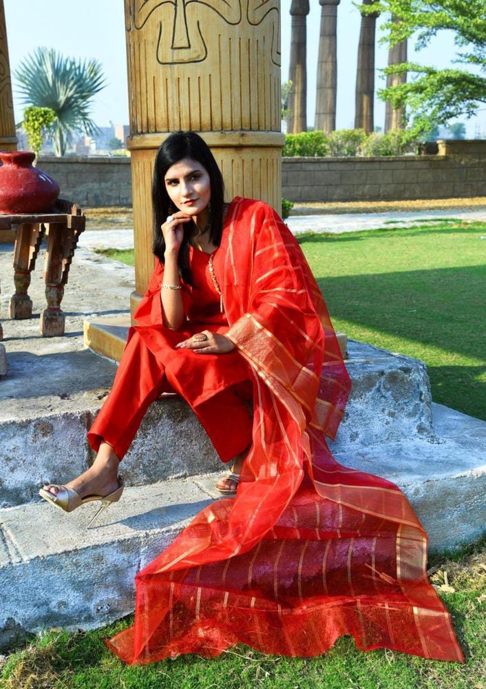 3 Pcs Women's Unstitched Katan Silk Plain Suit (Red)