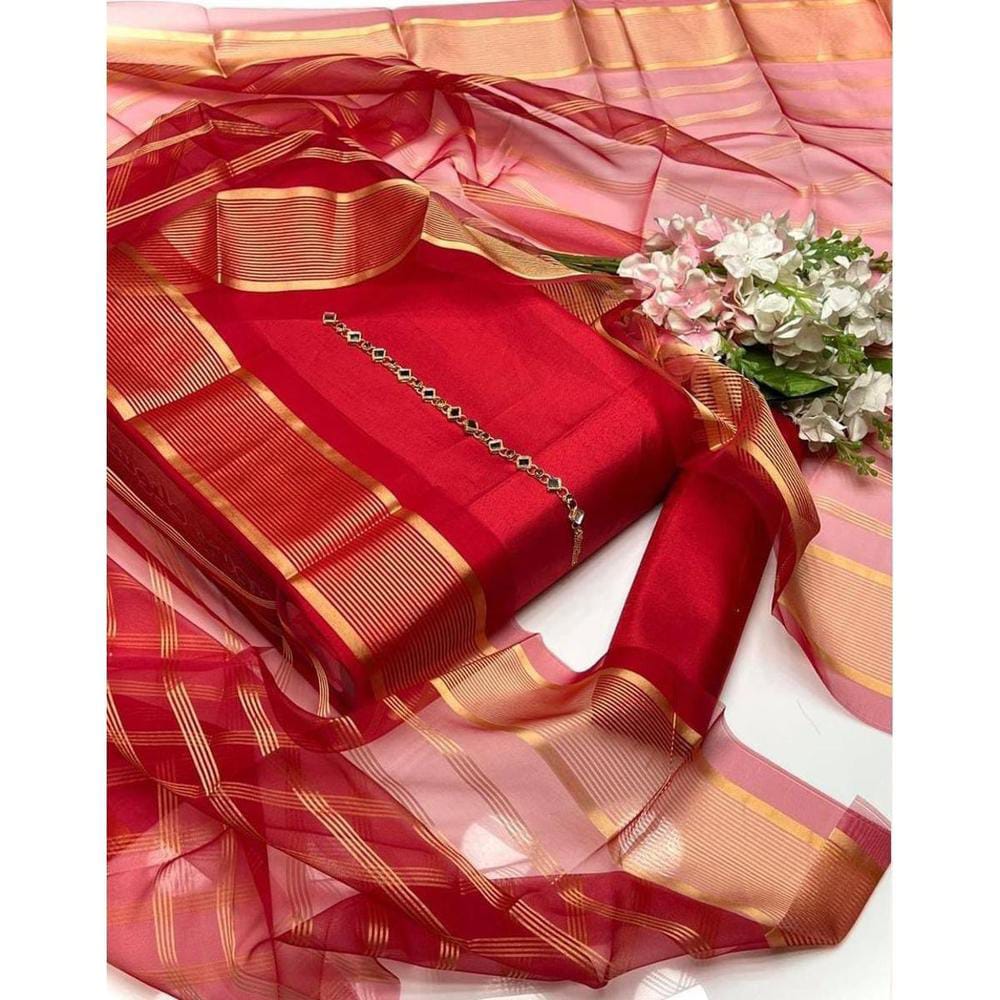 3 Pcs Women's Unstitched Katan Silk Plain Suit (Red)
