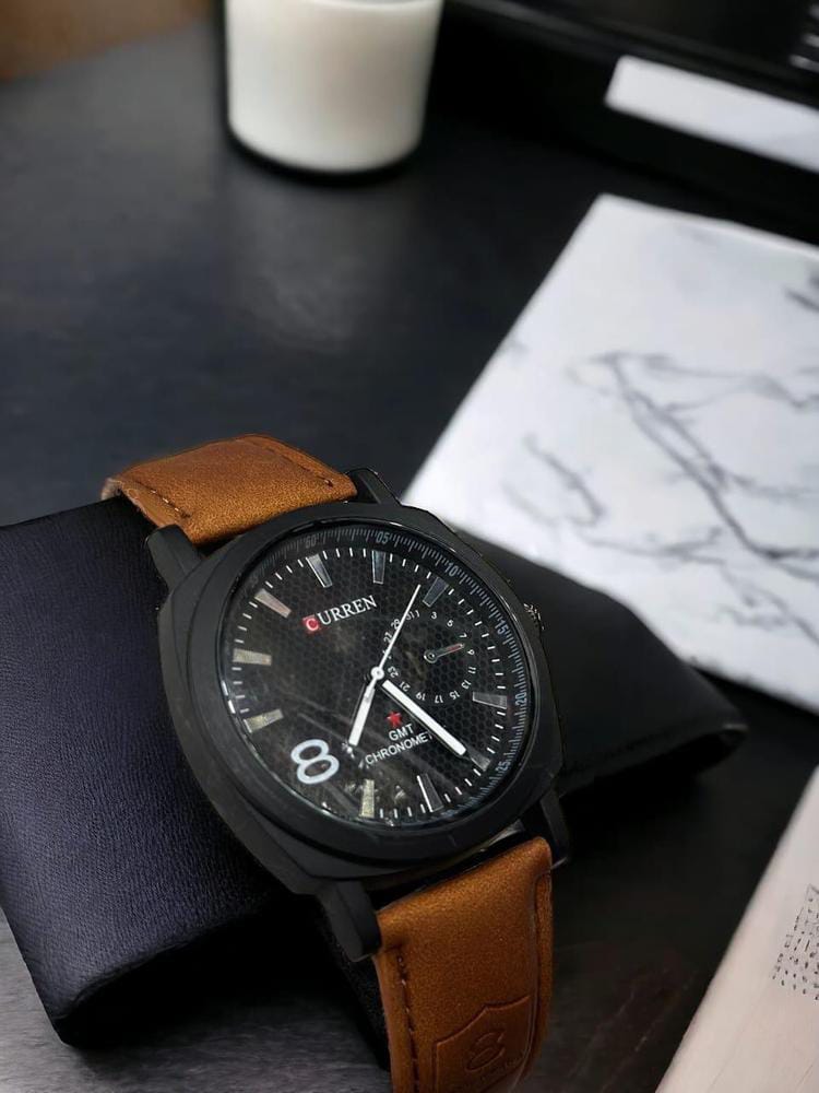 Men's Leather Strap Watch (Black , Brown)