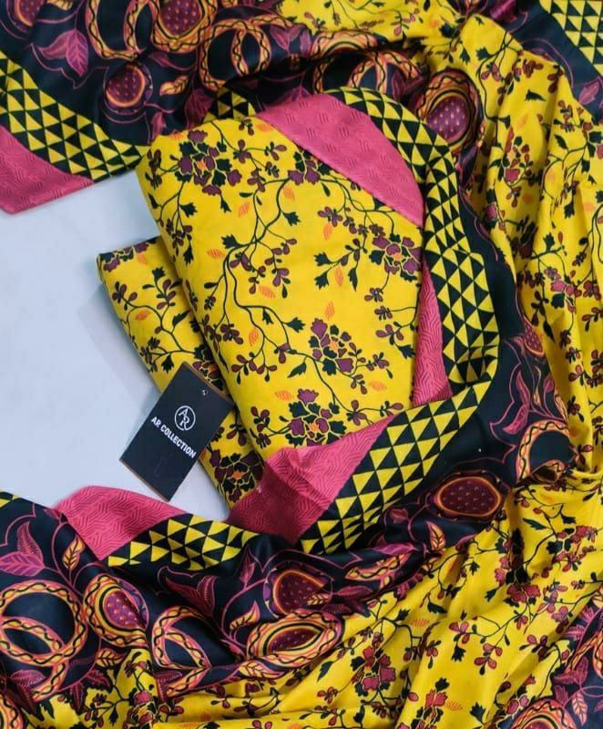 3 Pcs Women's Unstitched Swiss Lawn Printed Suit (Yellow)