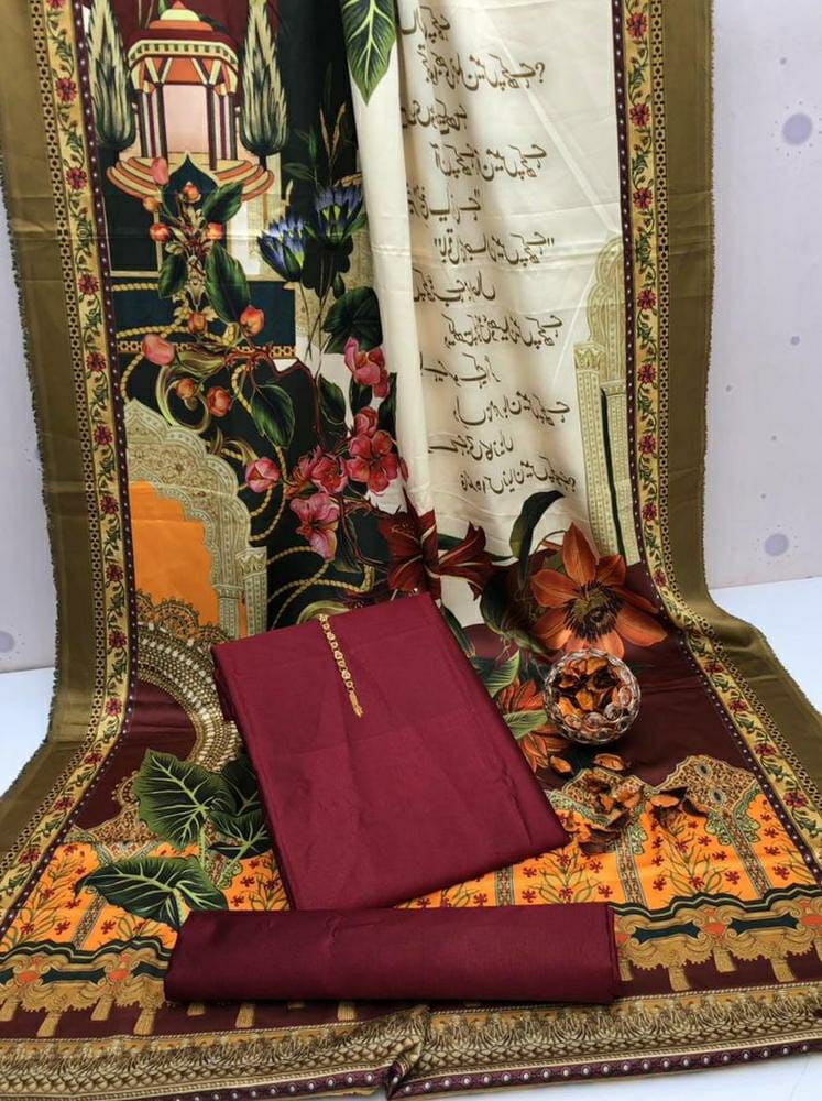 3 Pcs Women's Unstitched Katan Silk Plain Suit (Maroon)