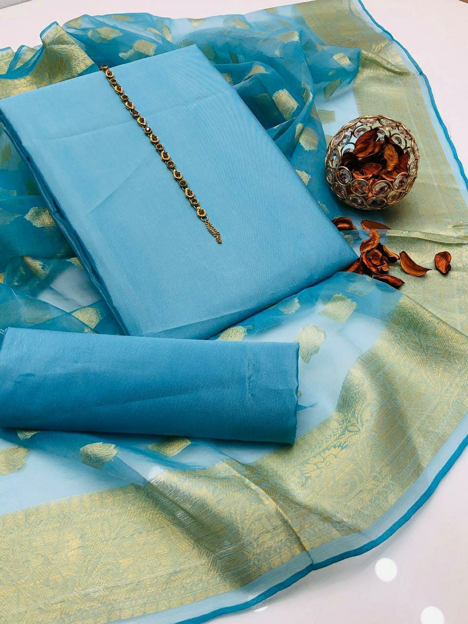 3 Pcs Women's Unstitched Katan Silk Plain Suit (Blue)