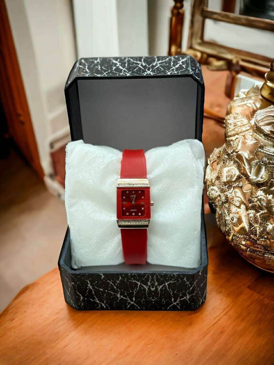 Stylish Women's Quartz Watch - 1 Pc Red Square Dial with Rubber Strap