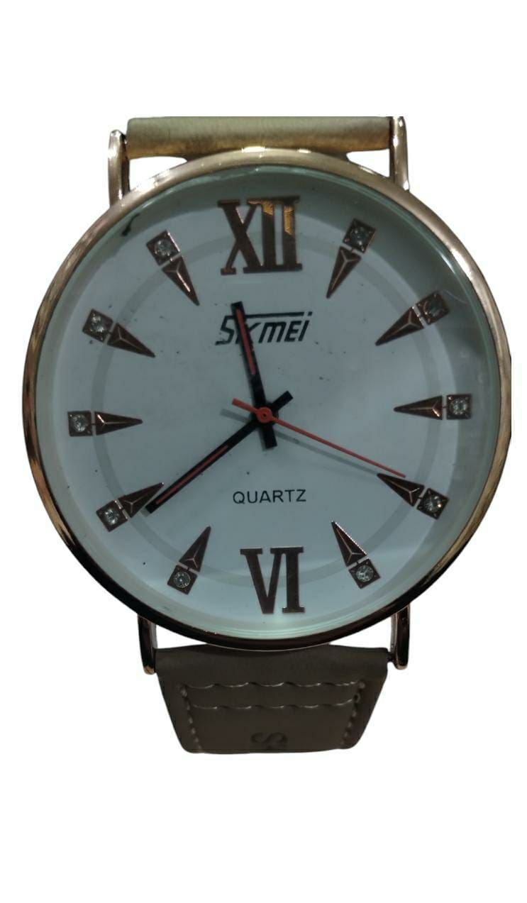 Men's Quartz Analogue Watch - Round Case with Beige PU Leather Strap - 1 Pc