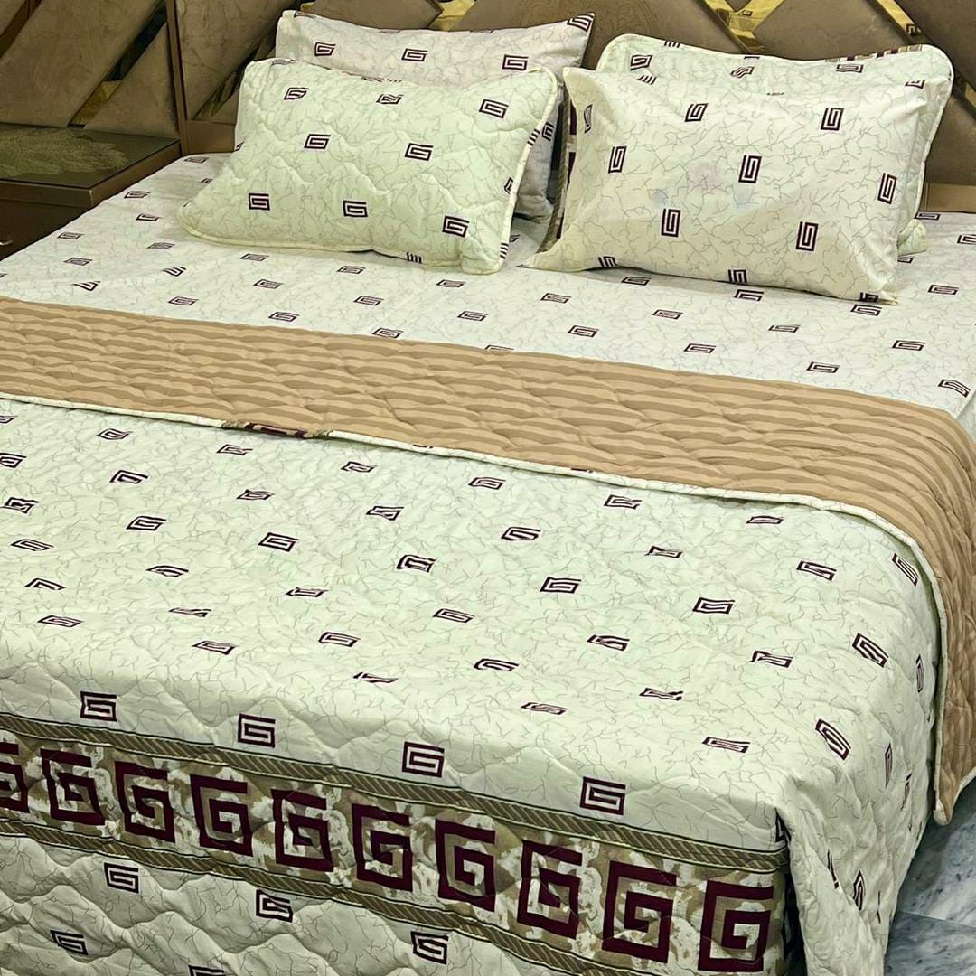 6 Pcs Cotton Printed Comforter Set for King Size Bed (White)