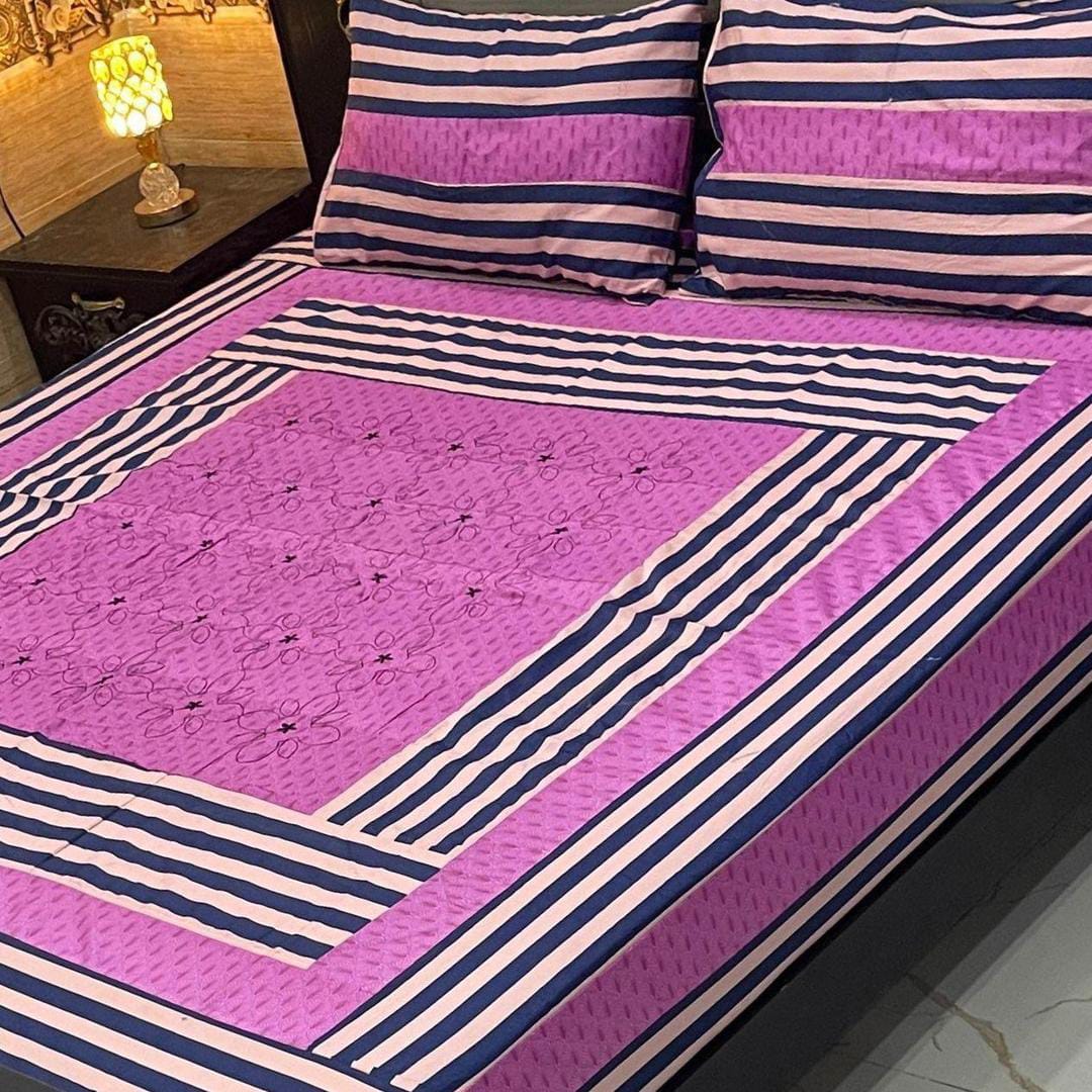 Cotton Patchwork Double Bedsheet Set - 3 Pcs in Purple