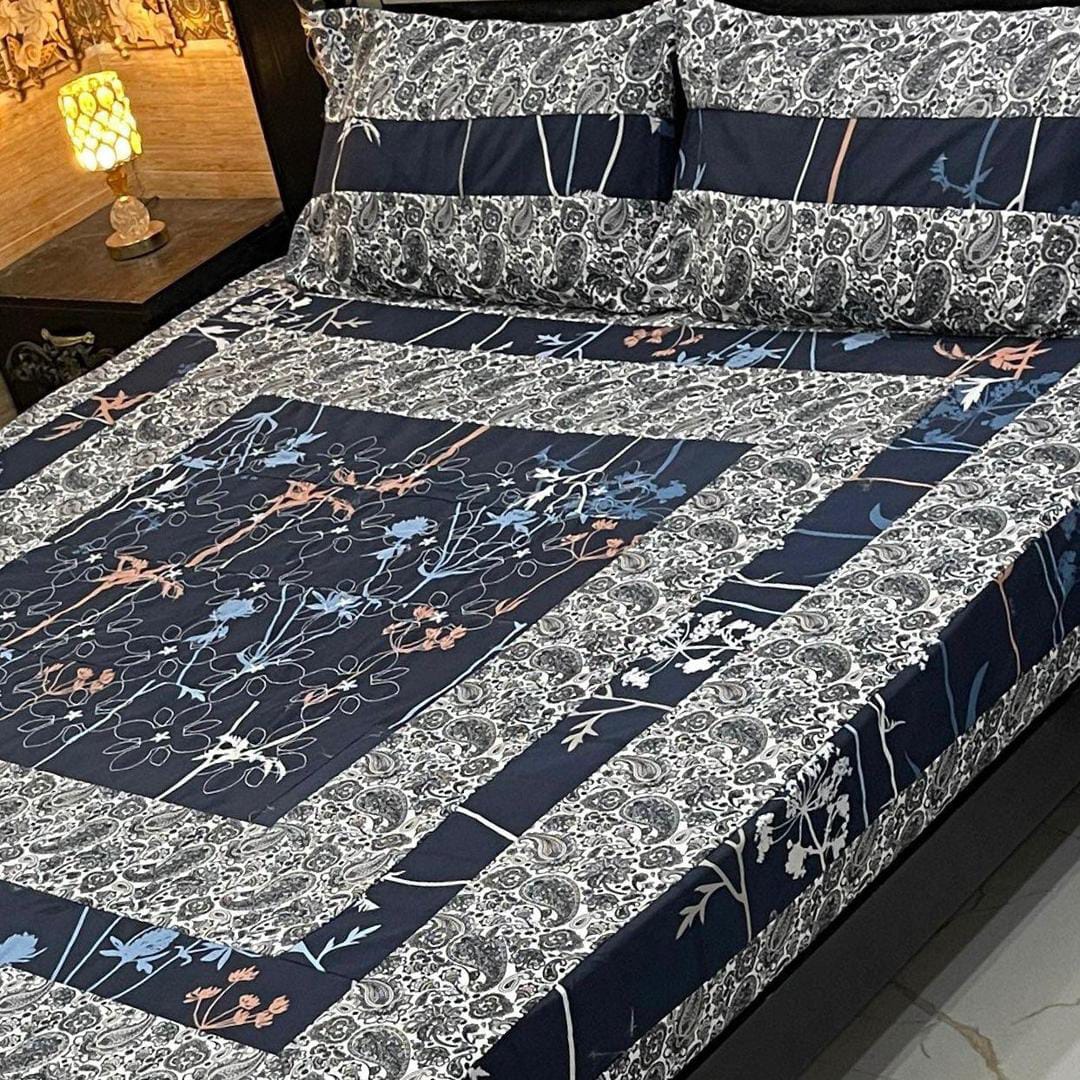 Double Bed Cotton Patchwork Bedsheet Set - 3 Pcs in Black