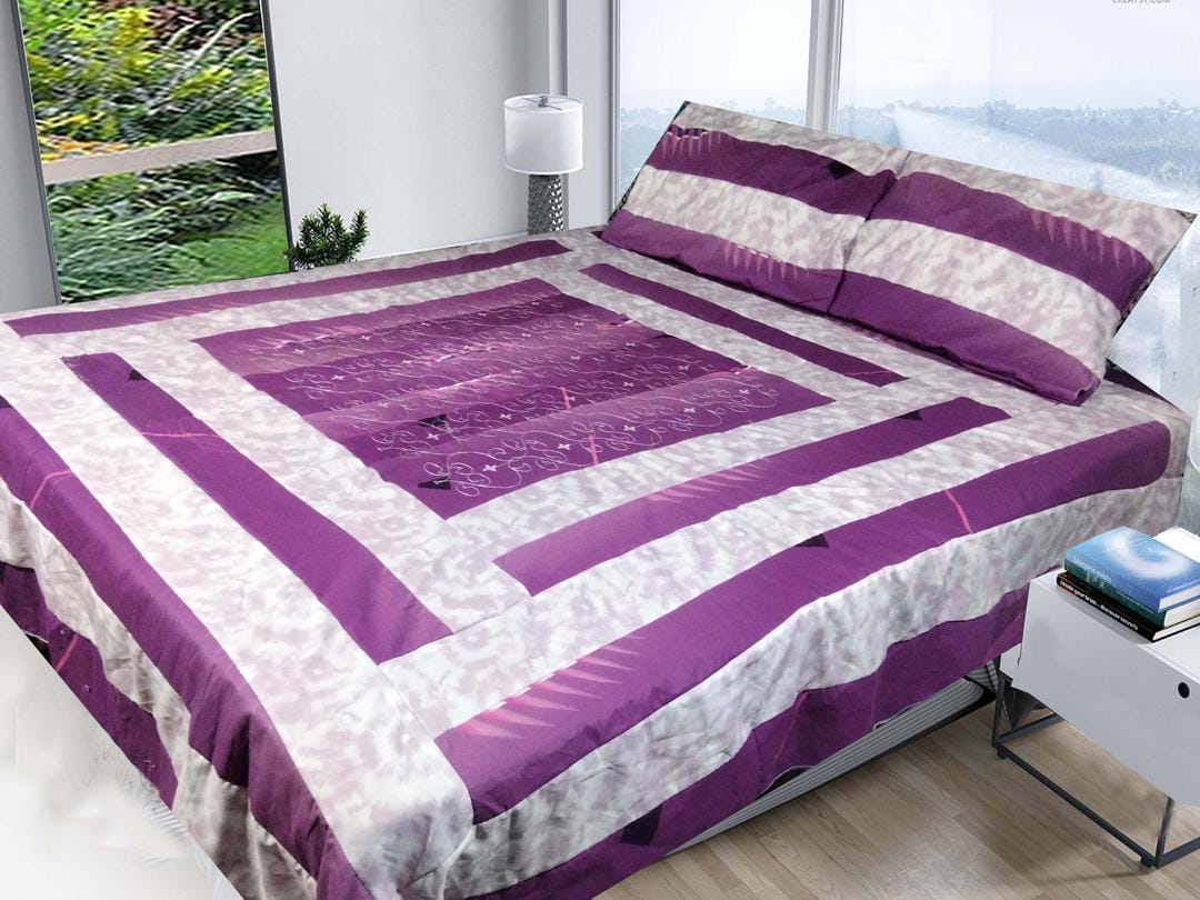 3 Pcs Cotton Sotton Patchwork Double Bedsheet (Purple)