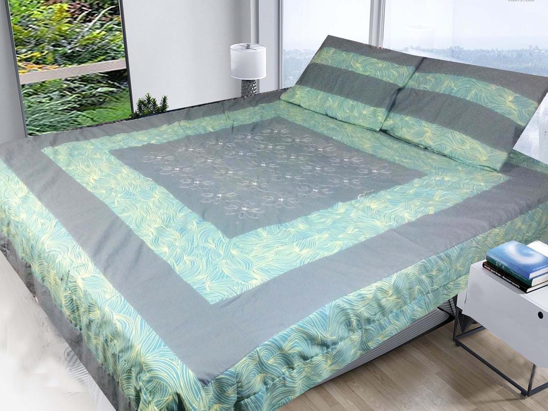 Luxurious Cotton Sotton Double Bedsheet Set - 3 Pcs Patchwork Design in Green