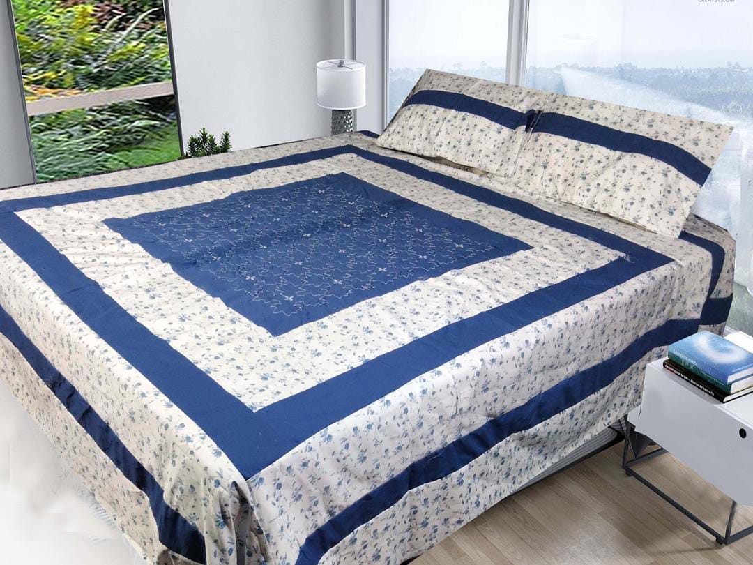 Cozy Cotton Sotton Double Bedsheet Set with Patchwork Design - 3 Piece Ensemble in Blue