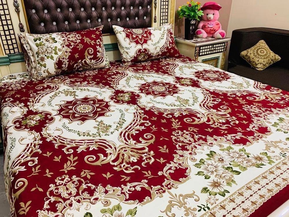 3 Pcs Crystal Cotton Printed Double Bedsheet (Red)