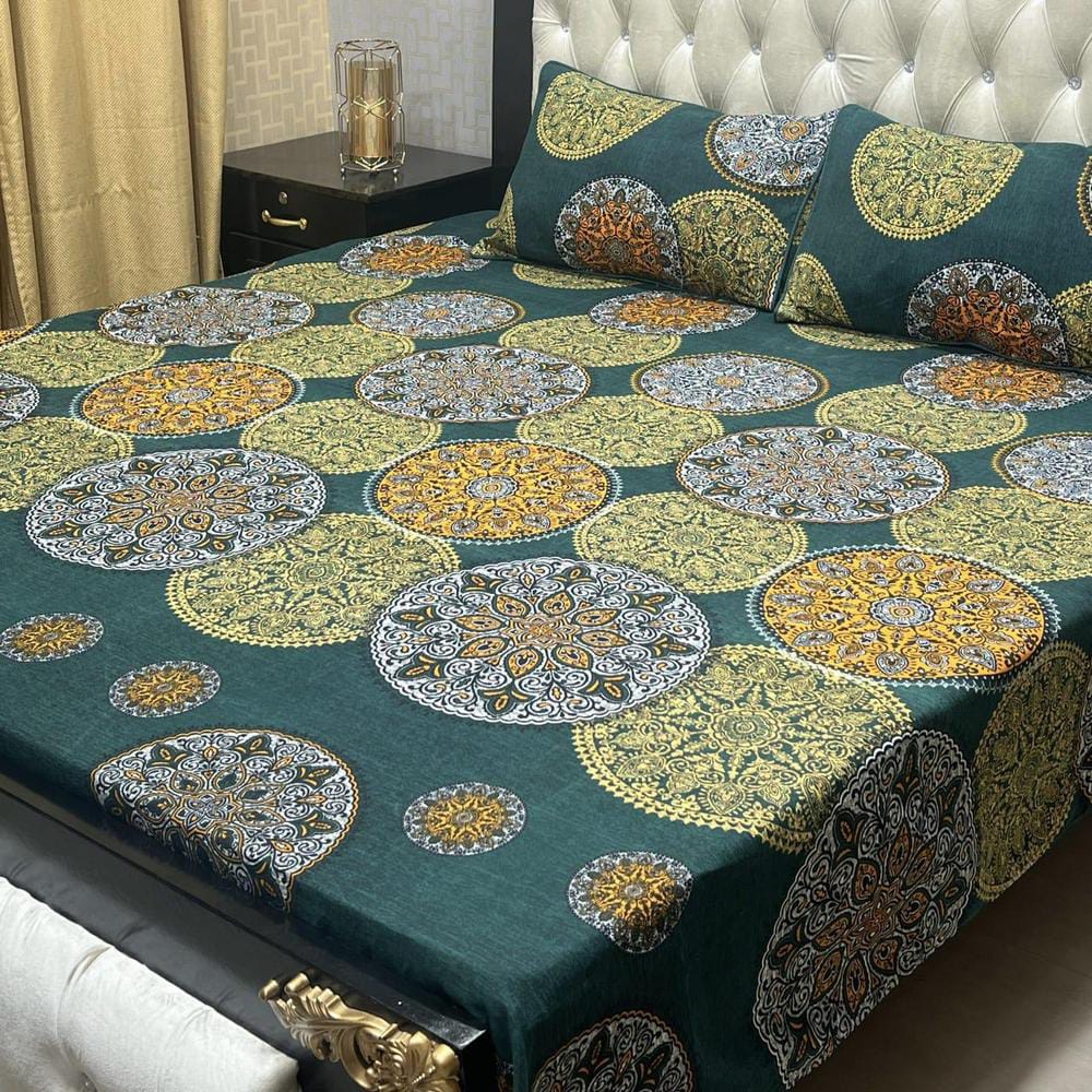 3 Pcs Crystal Cotton Printed Double Bed Sheet (Multicolor)