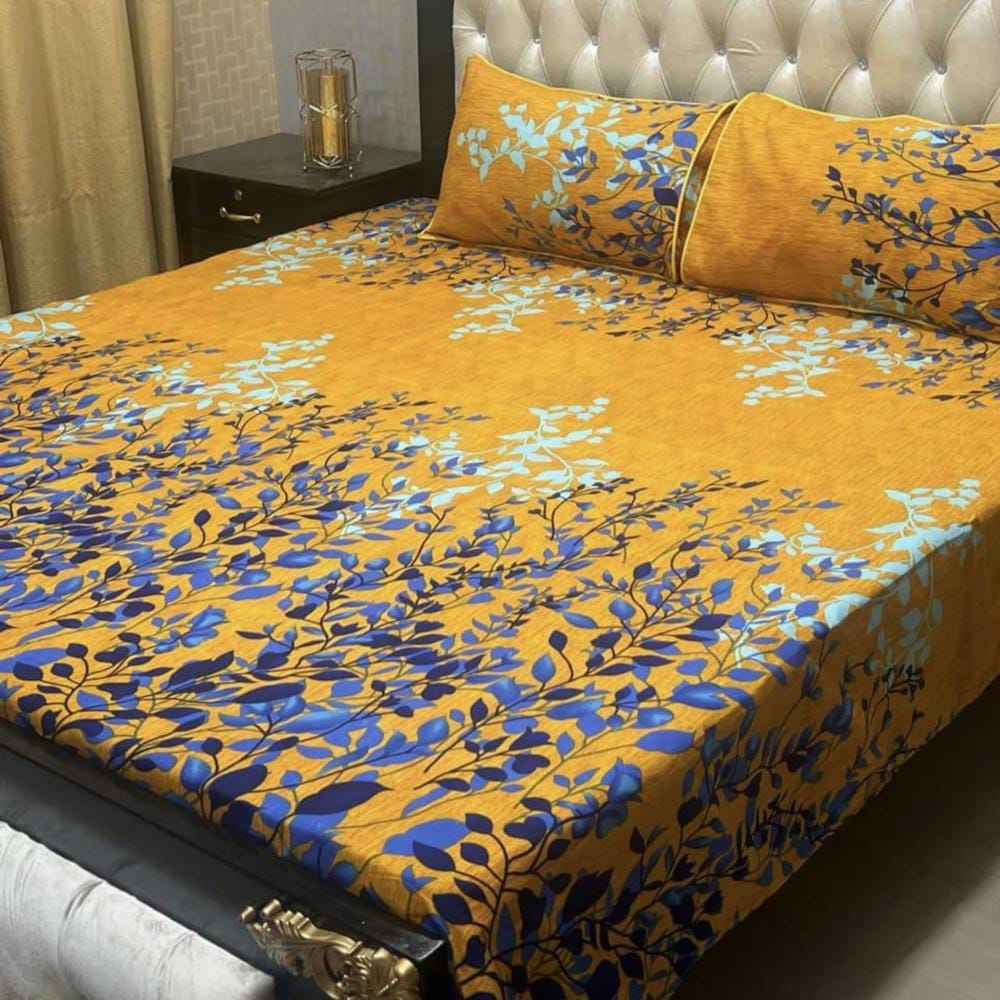 3 Pcs Crystal Cotton Printed Double Bedsheet (Yellow)