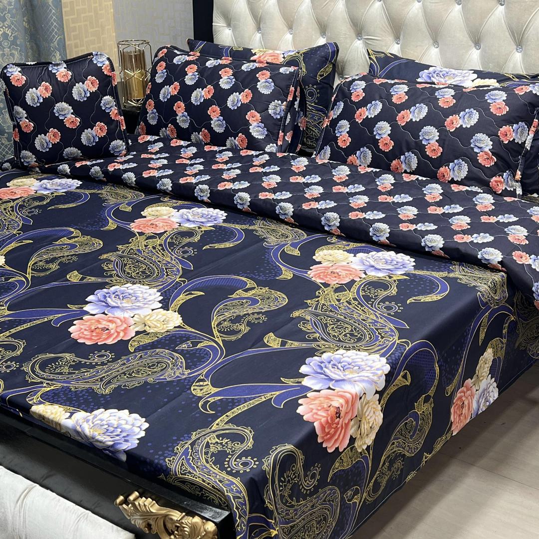 7 Pcs Cotton Printed Comforter Set (Blue)