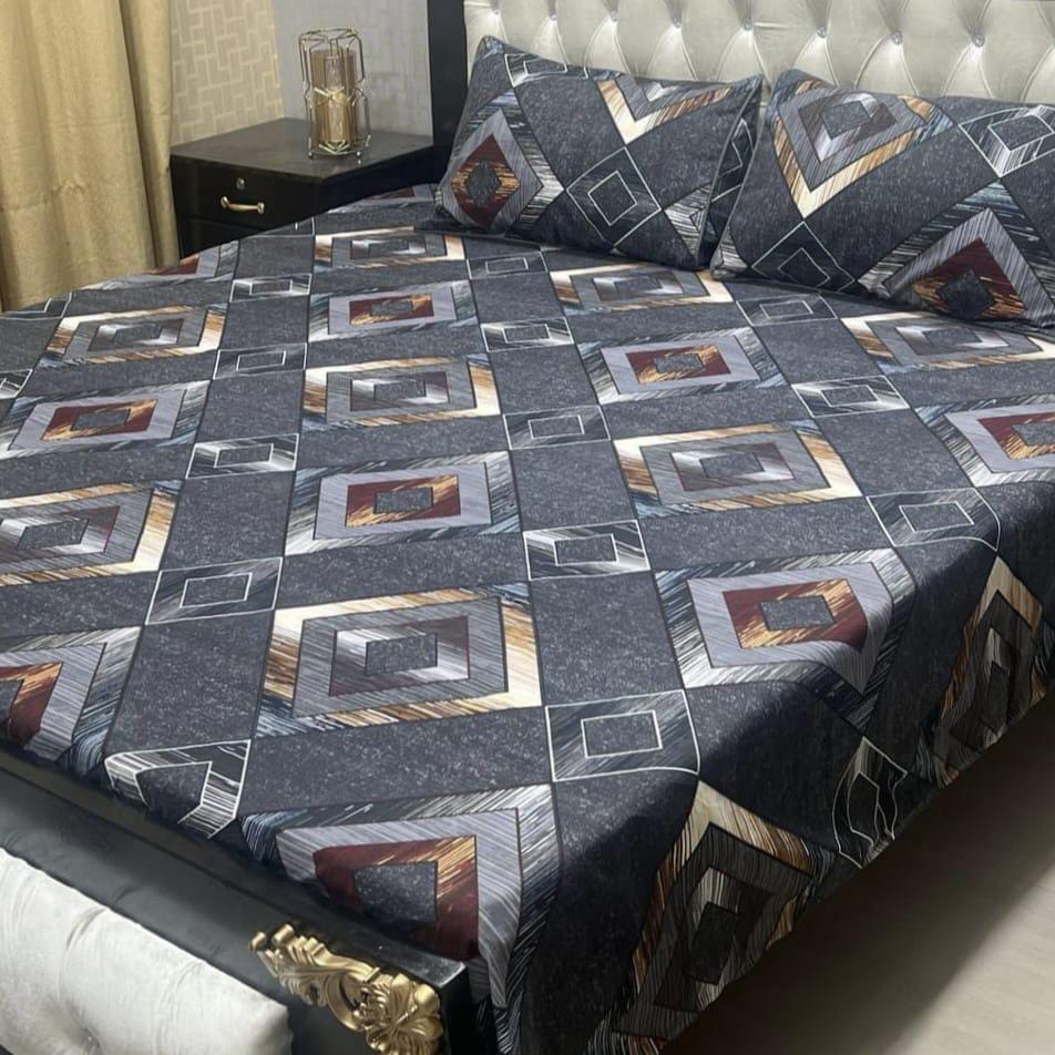 3 Pcs Crystal Cotton Printed Double Bedsheet (Dark Brown)