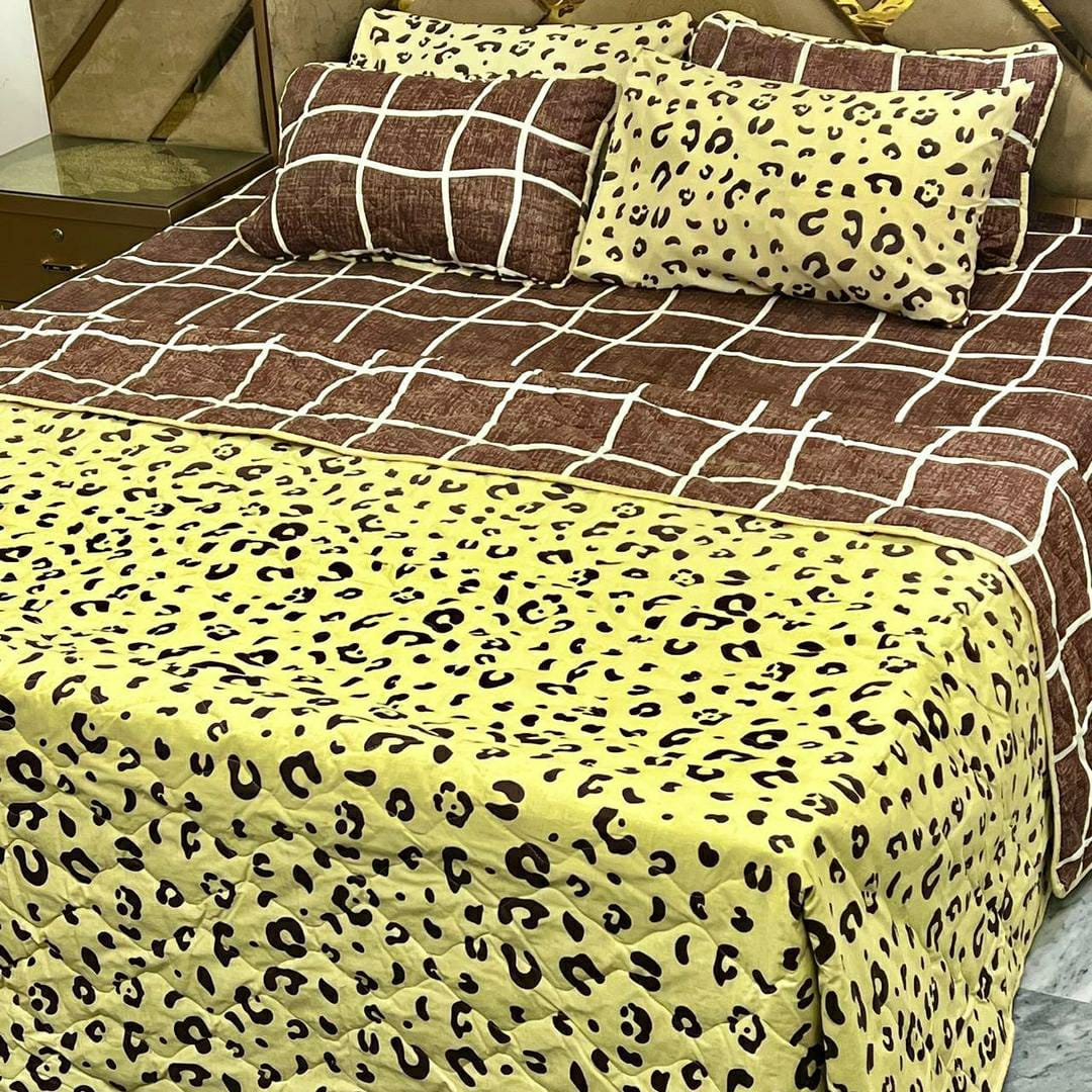 6 Pcs Cotton Printed Comforter Set for King Size Bed (Brown , Yellow , Black)