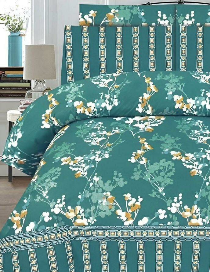 Luxurious Green Printed Poly Cotton 6 Pcs Comforter Set for King Bed