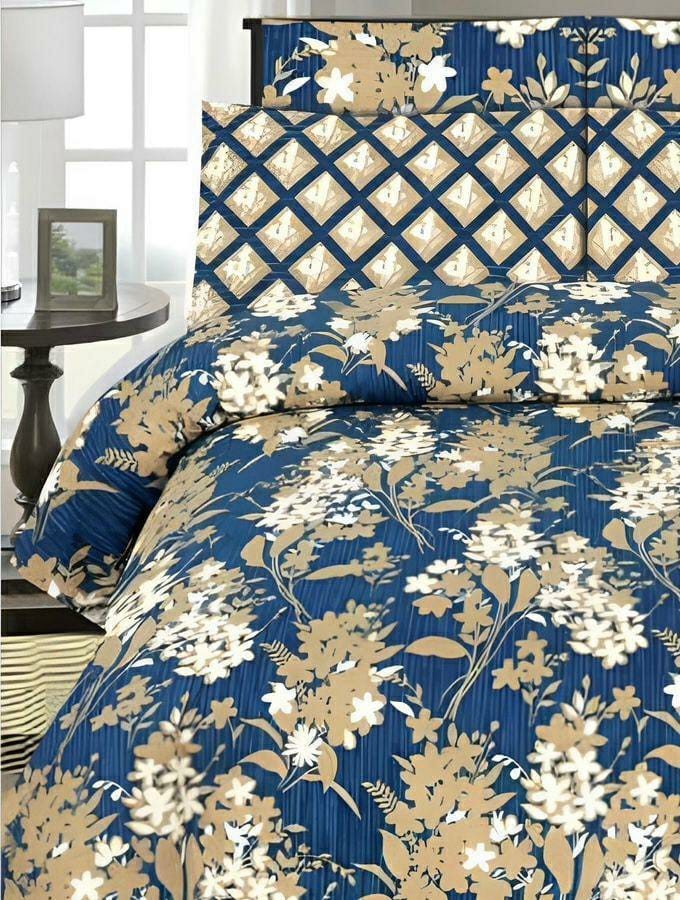 Blue Printed Poly Cotton Comforter Set - 6 Pcs for King Bed
