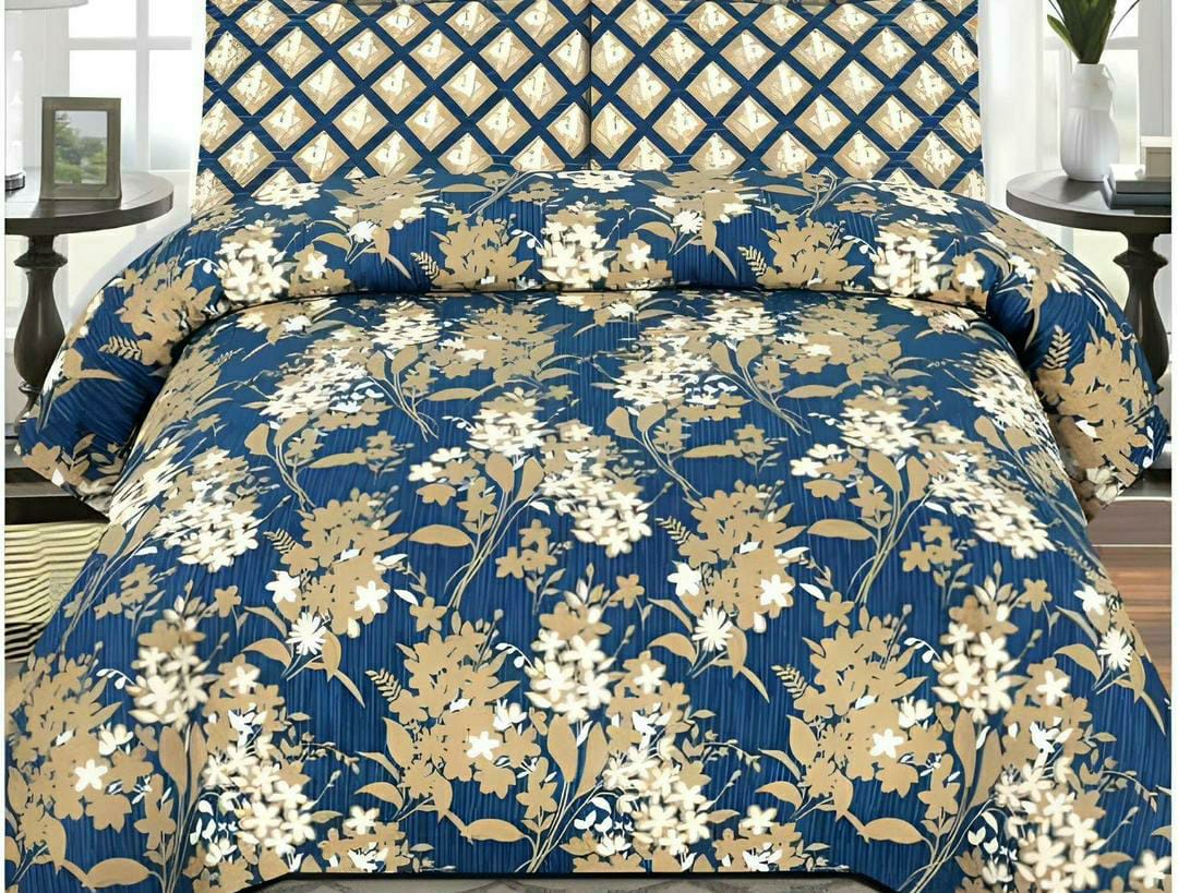 Blue Printed Poly Cotton Comforter Set - 6 Pcs for King Bed