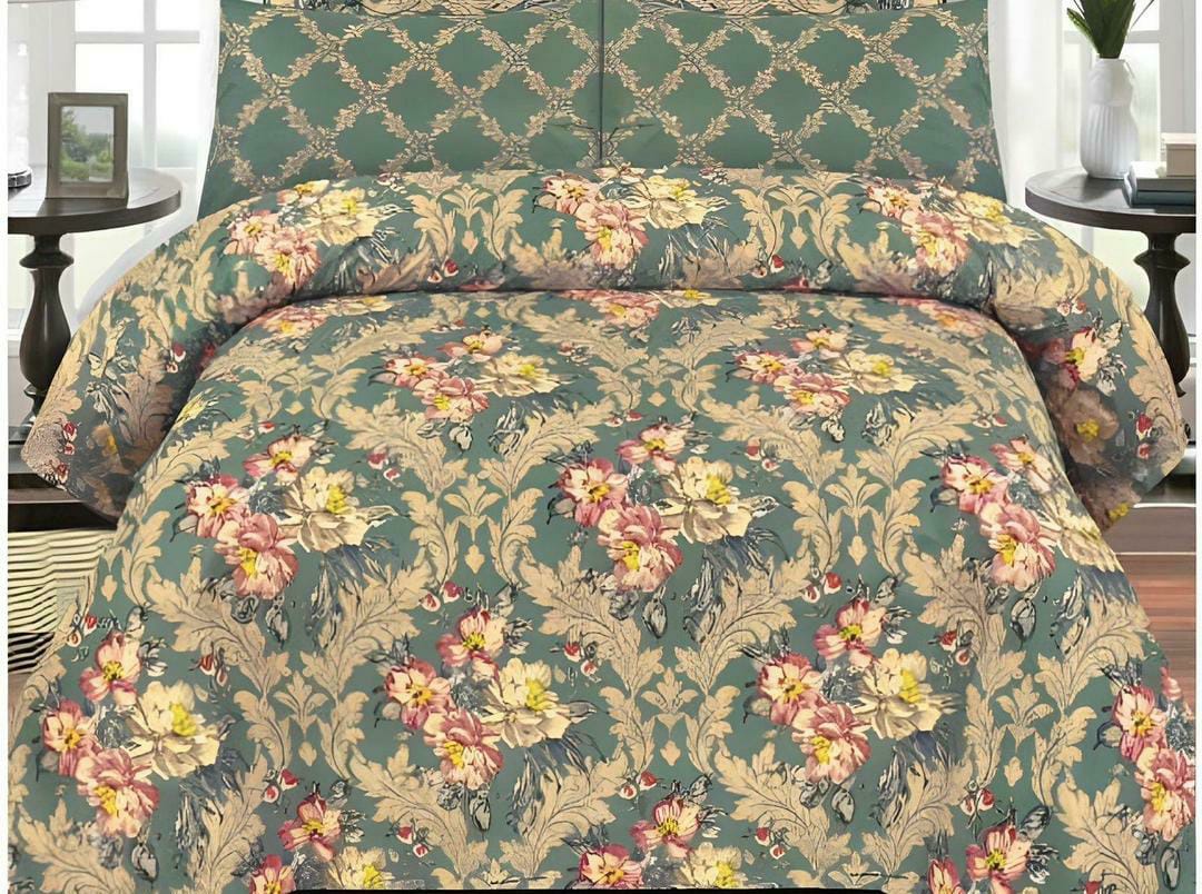 Luxurious Green Printed Comforter Set - 6 Pcs for King Bed