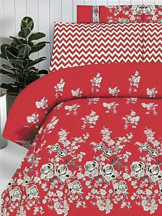 Luxurious Red Printed Comforter Set - 6 Pcs for King Bed
