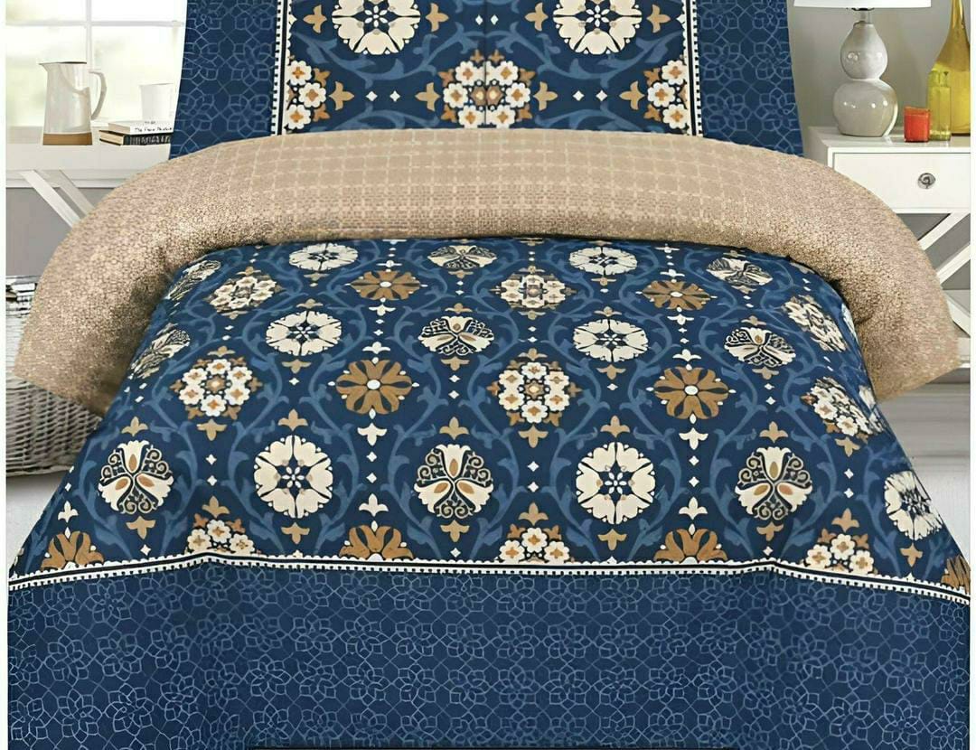 Luxurious King Bed Comforter Set - 6 Pcs Printed Poly Cotton in (Blue,White Design)