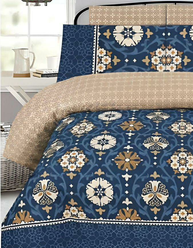 Luxurious King Bed Comforter Set - 6 Pcs Printed Poly Cotton in (Blue,White Design)