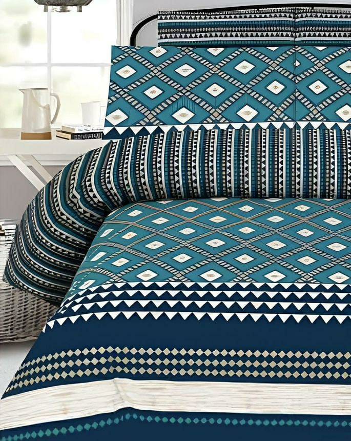 Luxurious King Bed Comforter Set - 6 Pcs Printed Poly Cotton in Blue