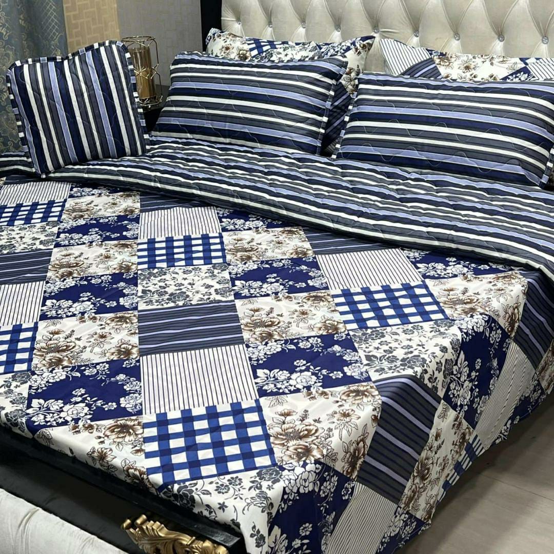 Luxurious 7-Piece Printed Cotton Comforter Set for Double Bed in (Blue Design)