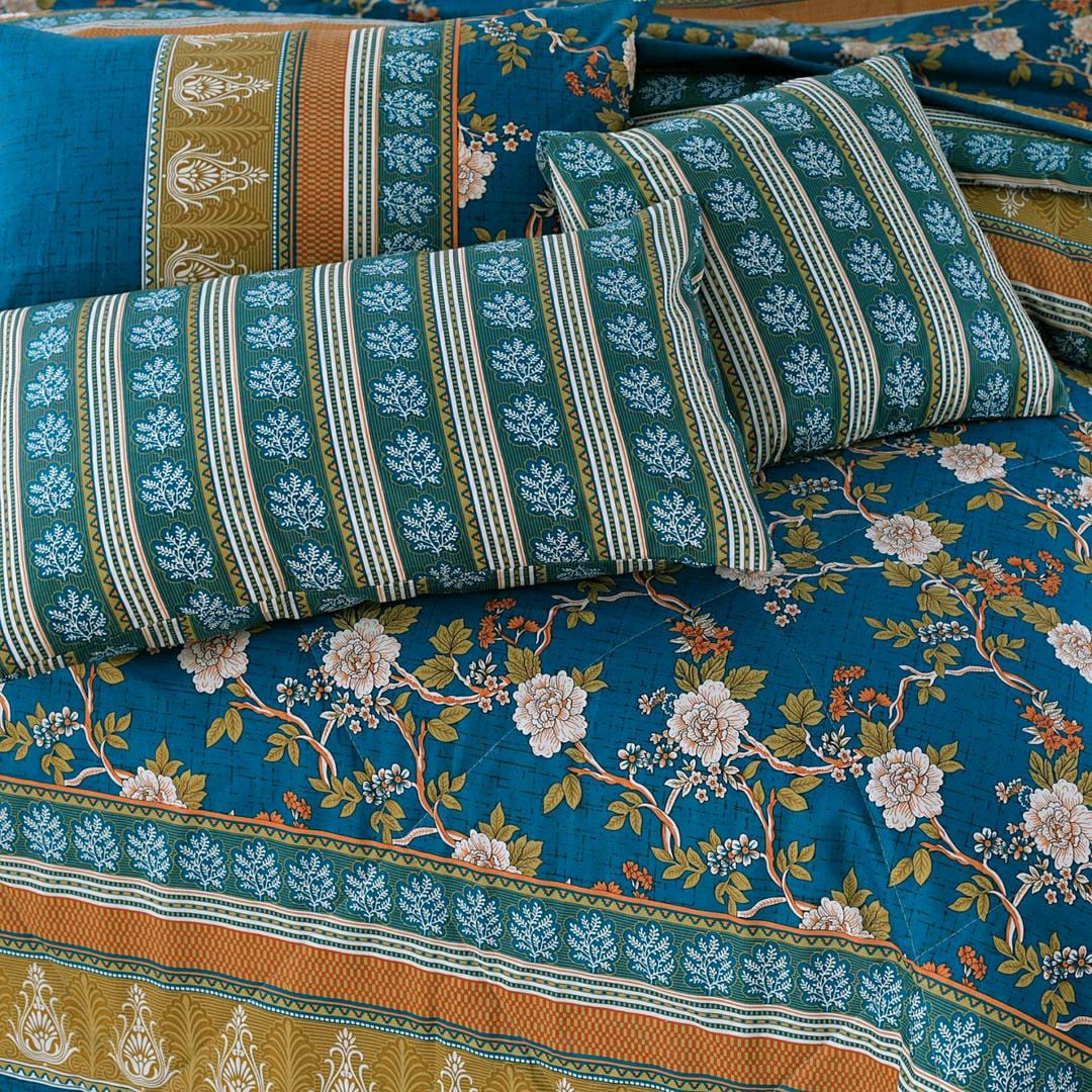 7 Pcs Cotton Printed Comforter Set (Light Blue)