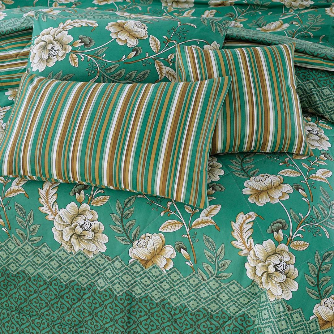 7 Pcs Cotton Printed Comforter Set (Green,Design)