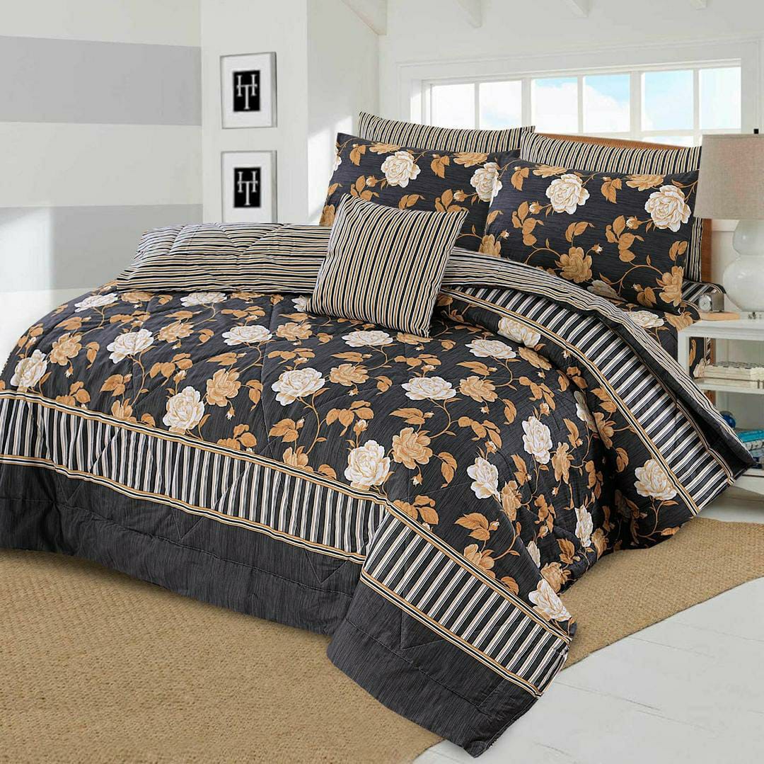 7 Pcs Cotton Printed Comforter Set (Black Design)