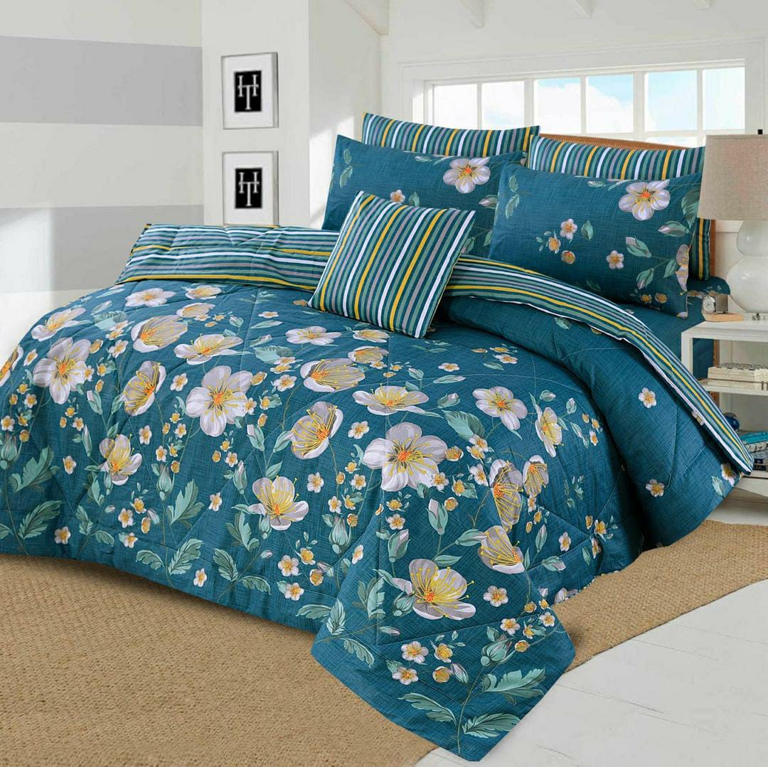 7 Pcs Cotton Printed Comforter Set (Blue Flowers Design)