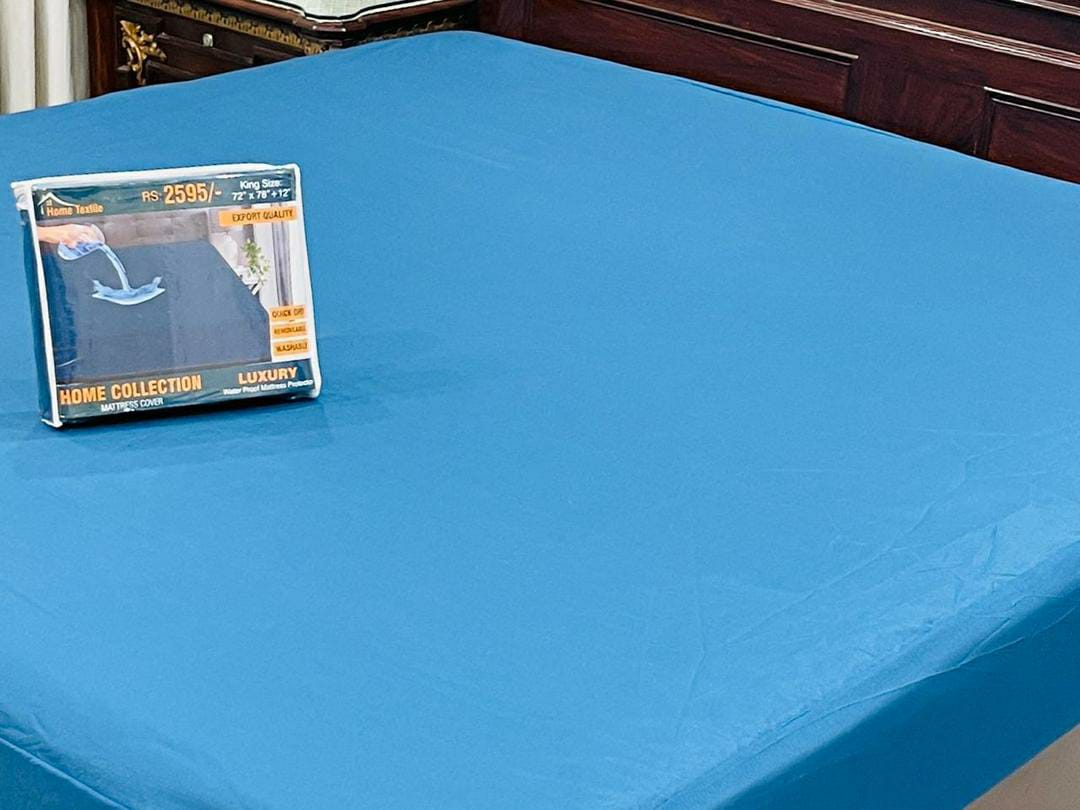 Micro Plain Double Bed Mattress Cover (Blue)