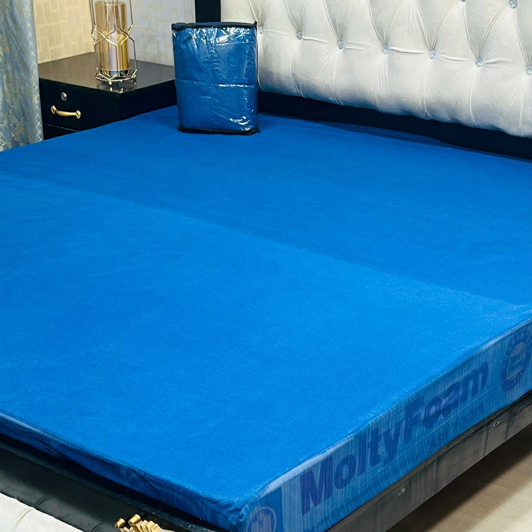 Terry Cotton Plain Double Bed Mattress Cover (Blue)
