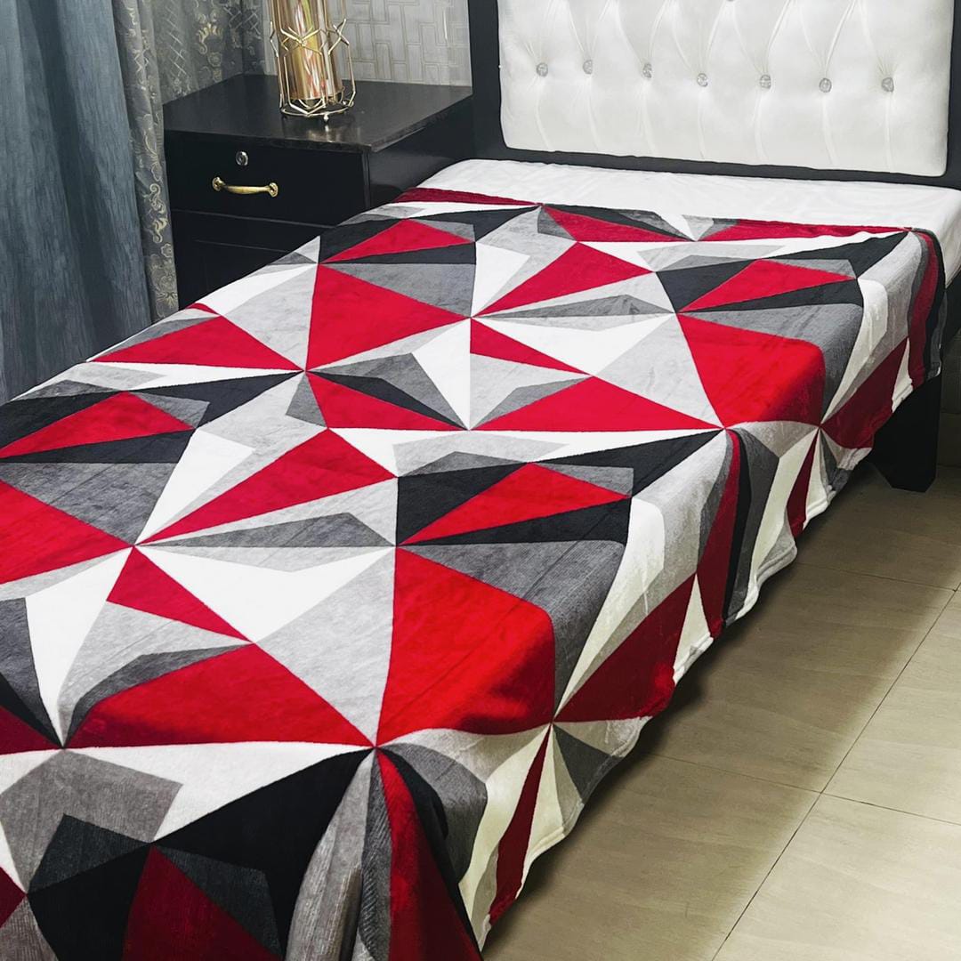 Fleece Printed Single Bed Blanket (Red,Grey Design)
