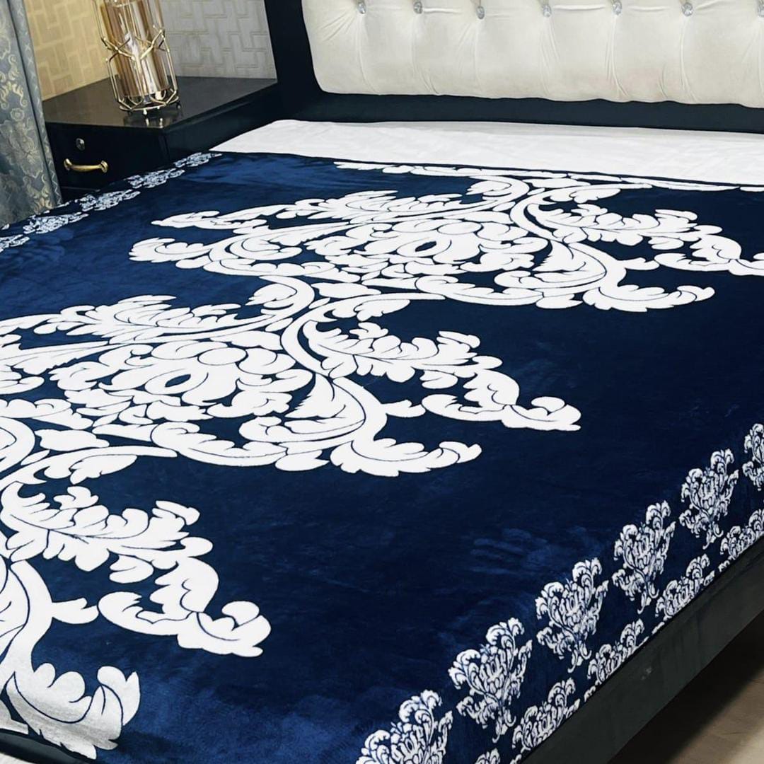 Fleece Printed Double Bed Blanket (Blue,White)
