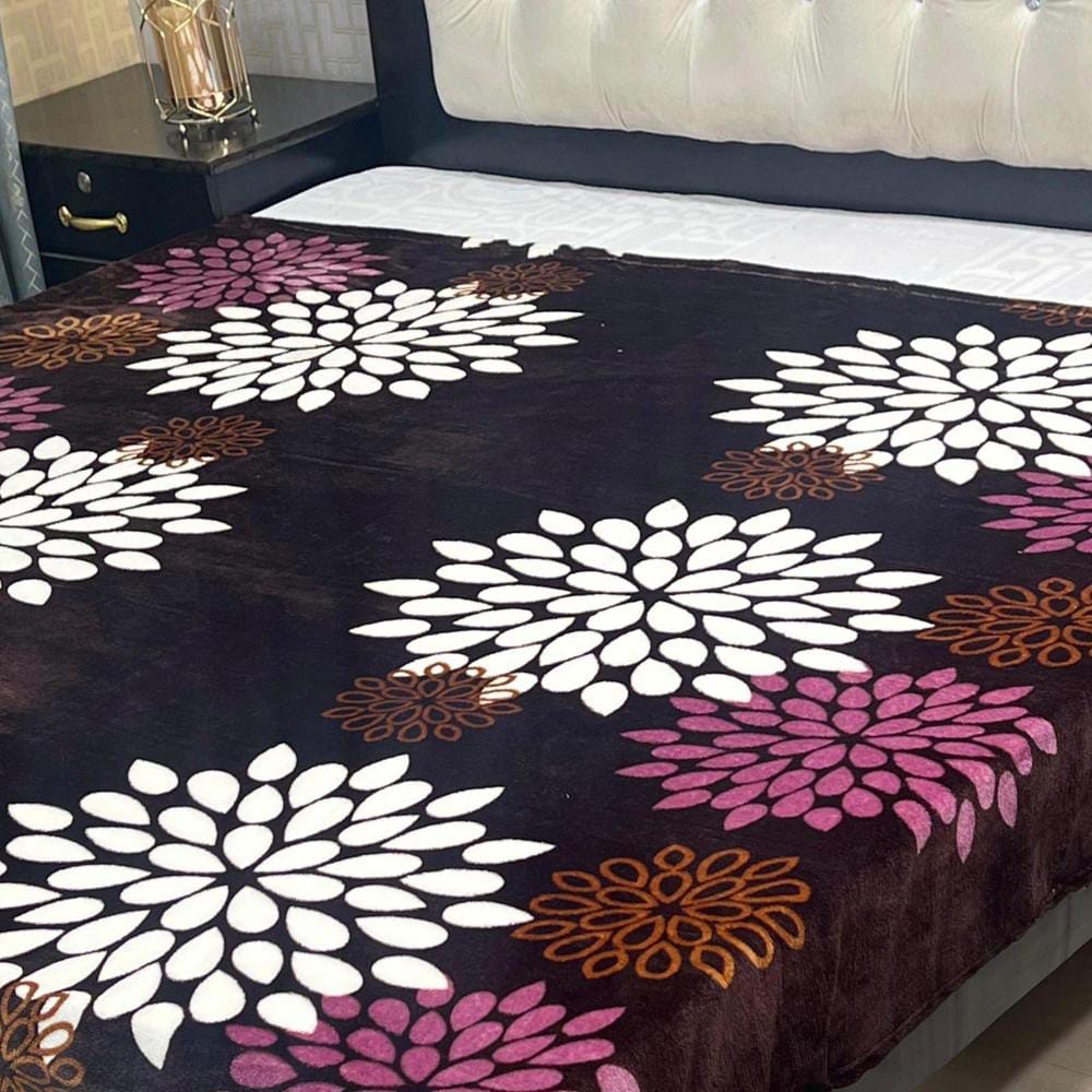 Fleece Printed Double Bed Blanket (White,Purple)