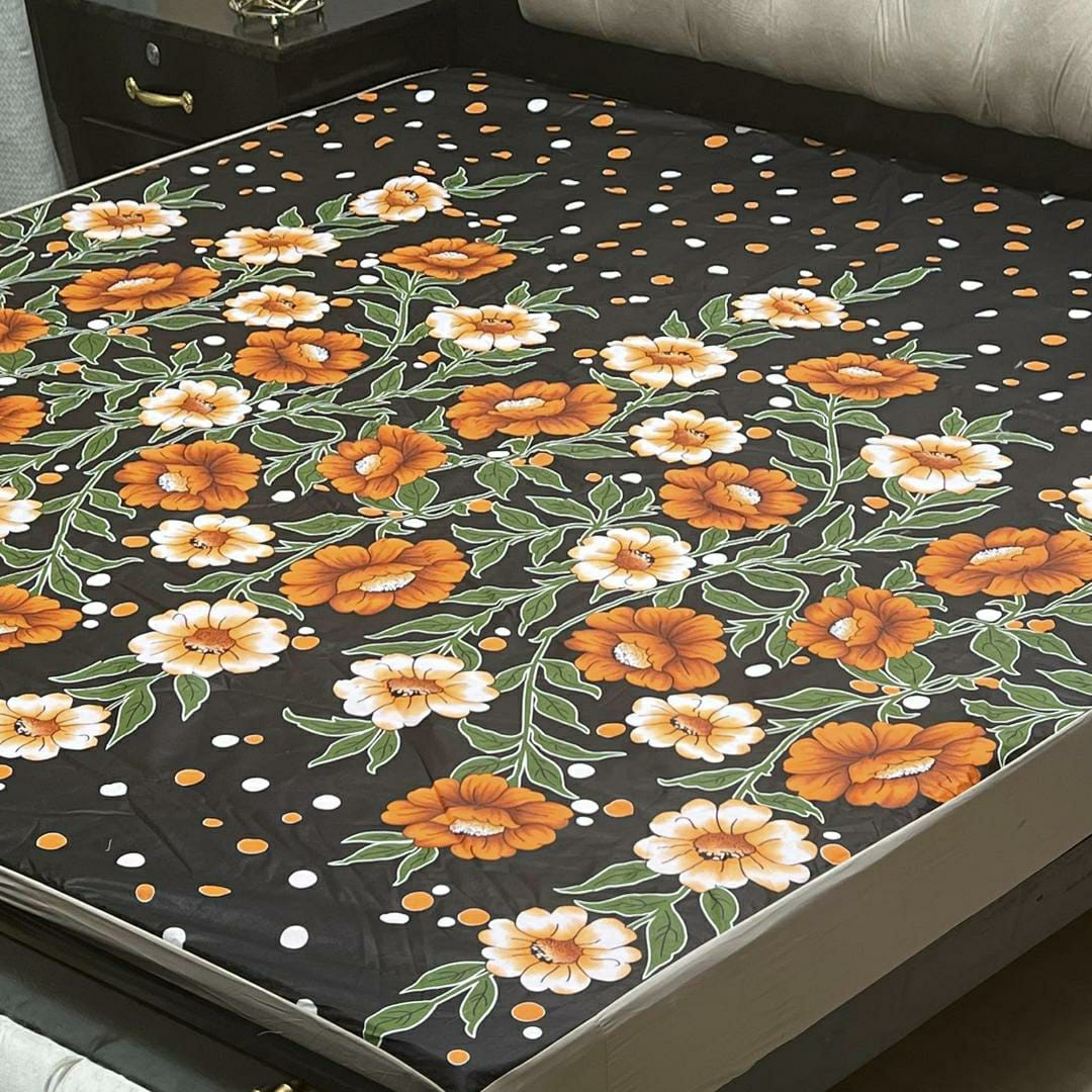 PU Printed Double Bed Mattress Cover (Black & Flowers)