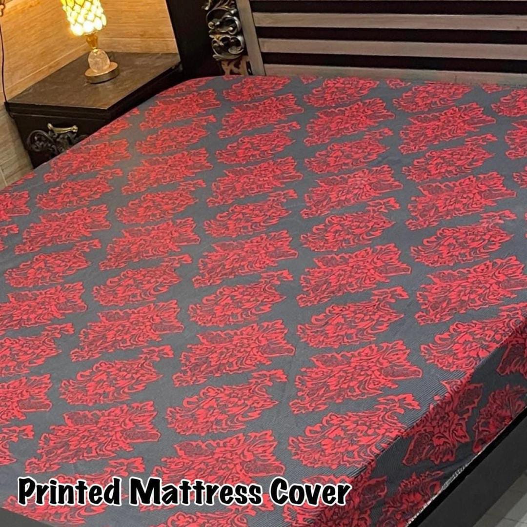 Waterproof Terry Cotton King Size Mattress Cover - 1 Pc Printed Design (Maroon)