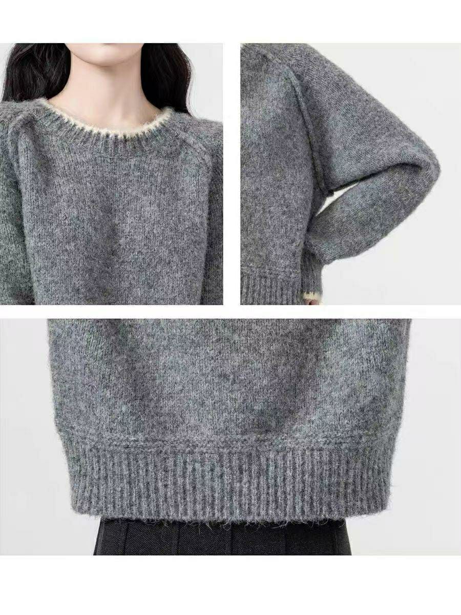 1 Pc Women's Stylish Plain Lazy Round Neck Inner Wear Knitted Sweater (Grey)