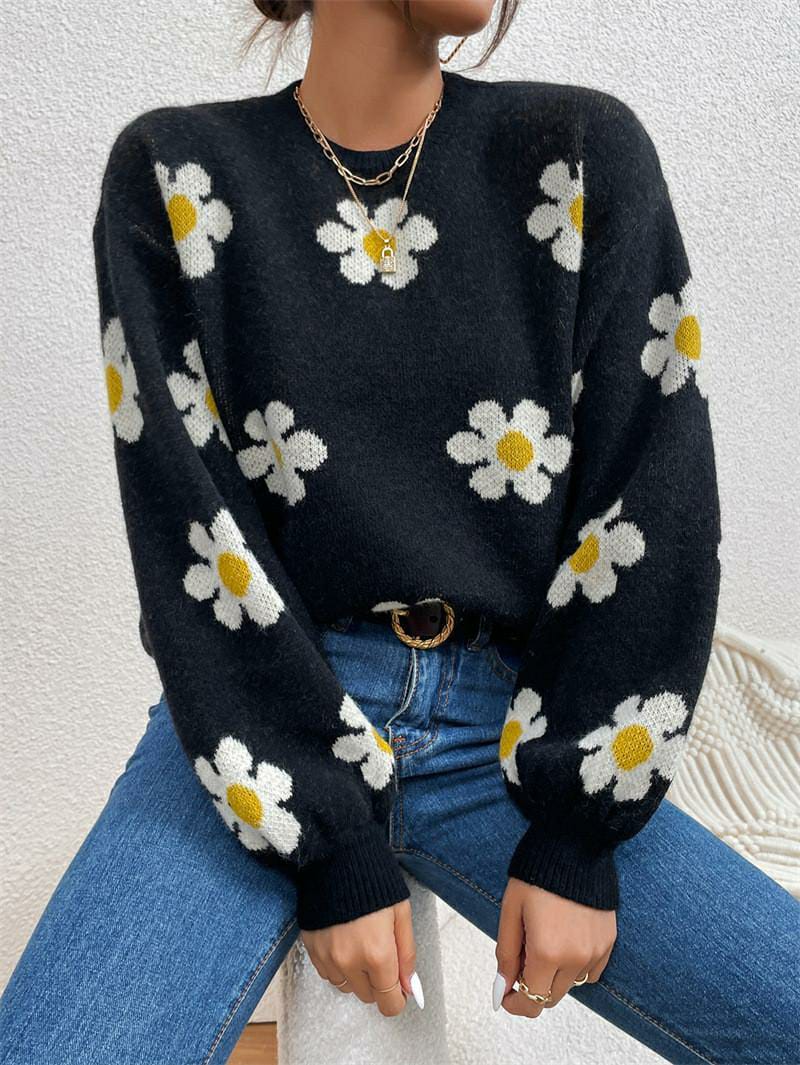 1 Pc Women's Loose Round Neck Flower Jacquard Knitted Sweater (Black)