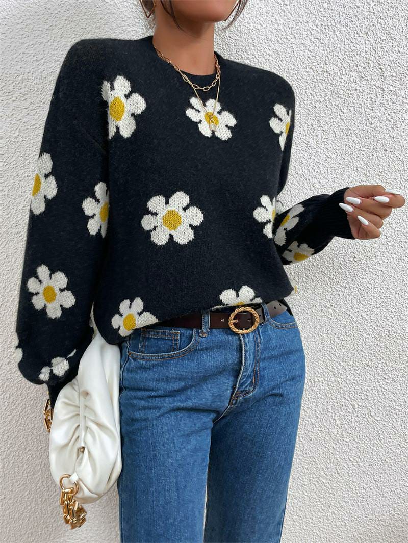 1 Pc Women's Loose Round Neck Flower Jacquard Knitted Sweater (Black)
