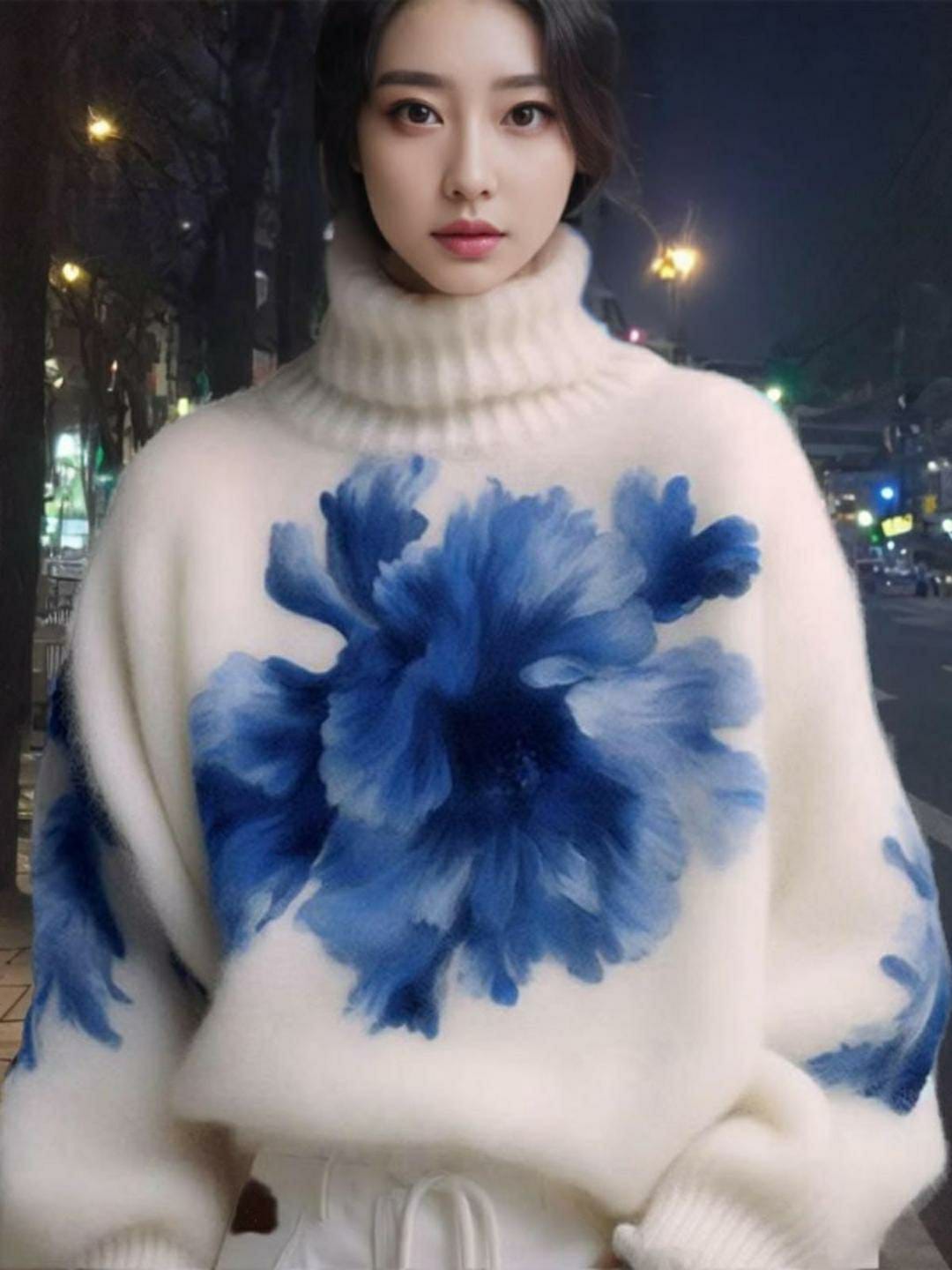 1 Pc Stylish Women's Knitted Printed Sweater (White, Blue)