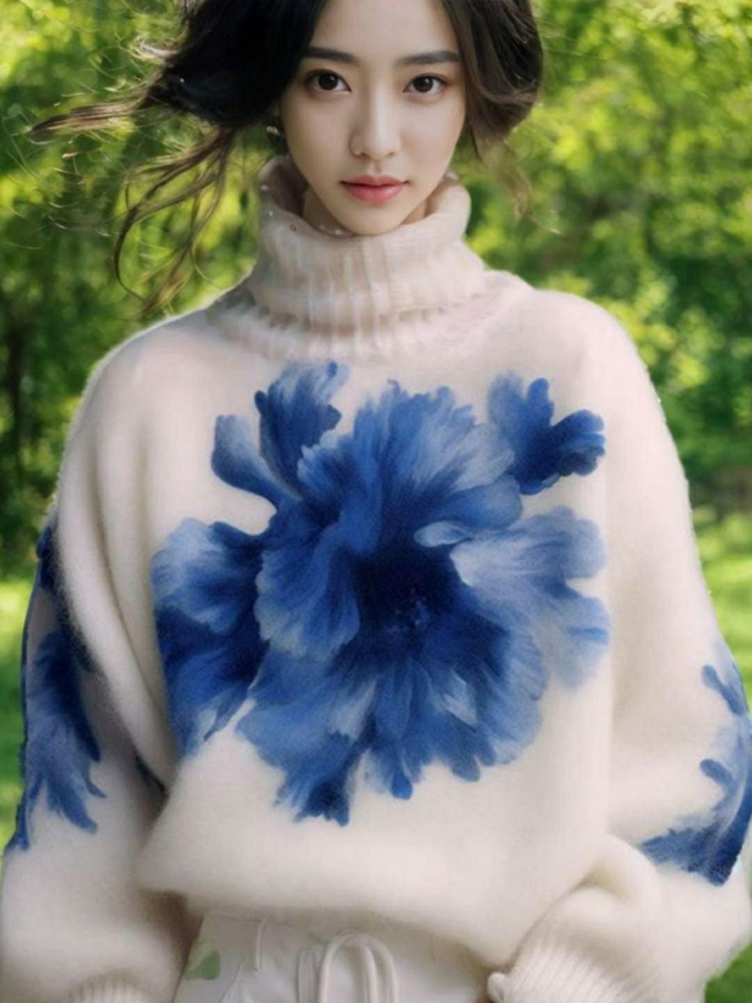 1 Pc Stylish Women's Knitted Printed Sweater (White, Blue)