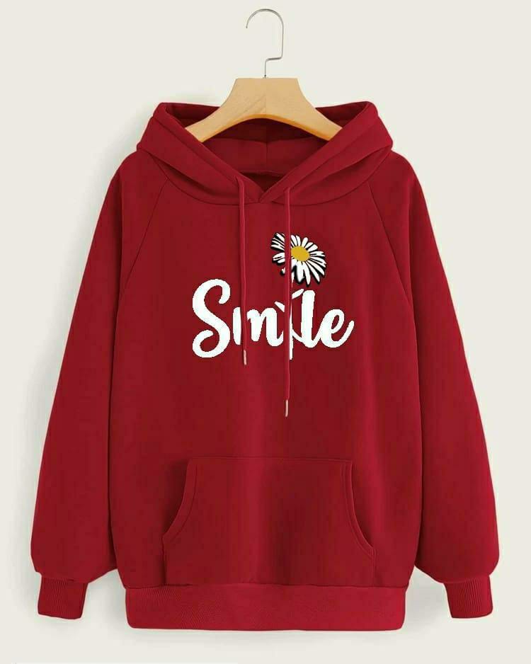 1 Pc Women's Stitched Cotton Printed Hoodie (Dark Red)