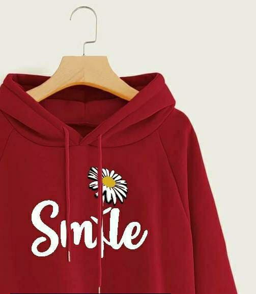 1 Pc Women's Stitched Cotton Printed Hoodie (Dark Red)
