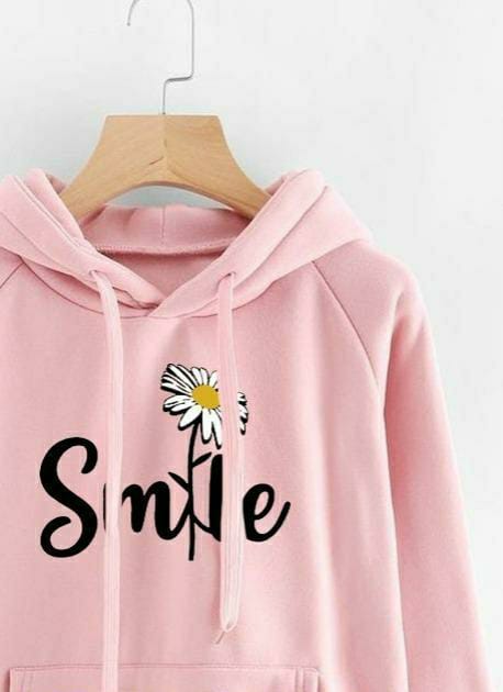 1 Pc Women's Stitched Cotton Printed Hoodie (Baby Pink)