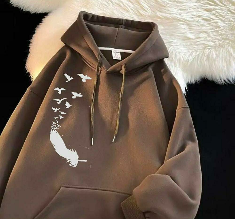 1 Pc Women's Stitched Cotton Printed Hoodie (Brown)